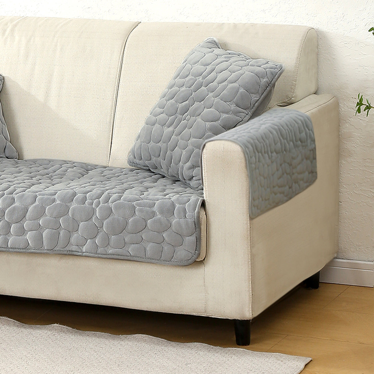 Premium Pebble Milk Velvet Anti Slip Sofa Cover Mat with 2 Armrest Cover, Moon Grey