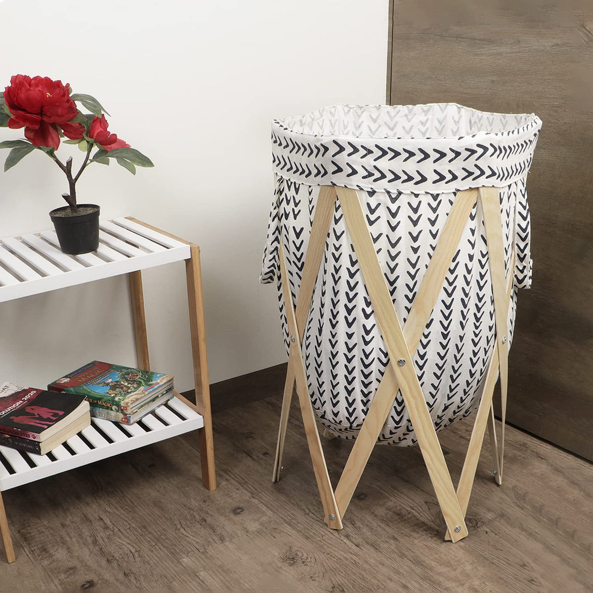 Large European Pattern Laundry Hamper Foldable Wooden Cloth Basket , White