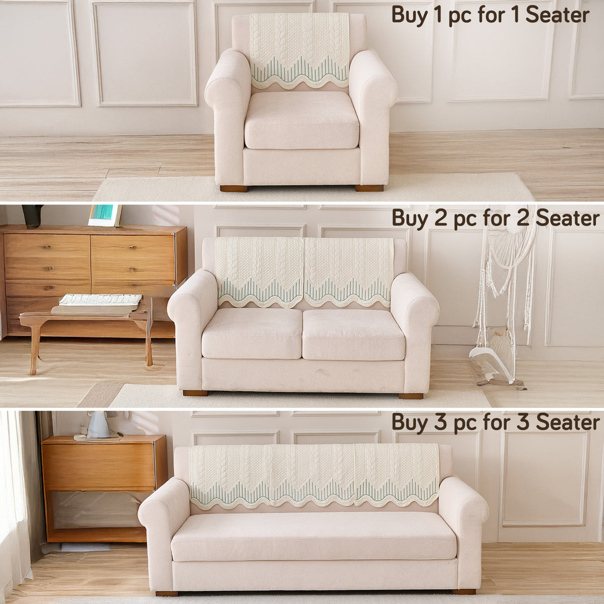 Cotton Reverie with a Curved Wavy Edge Sofa Mat, Greenish Cream