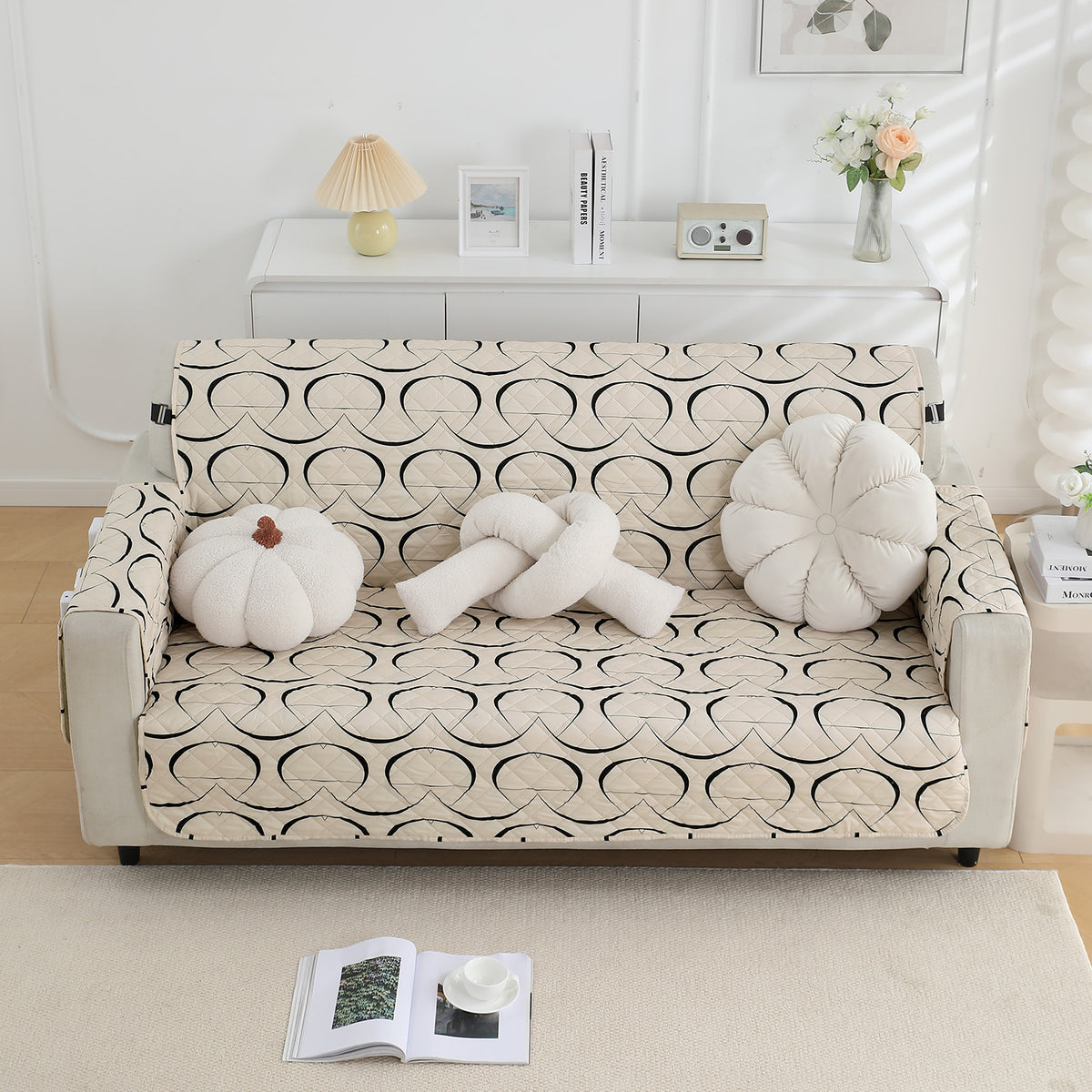 Waterproof & Quick-Dry Quilted Sofa Cover with Pockets on Armrest, Natural Beige Abstract Art