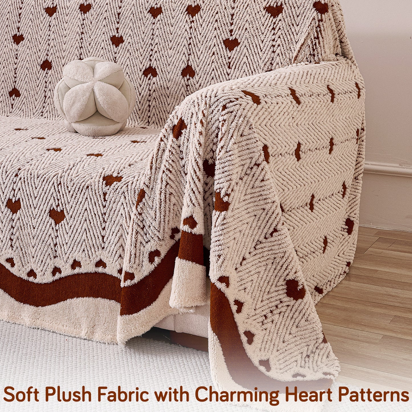 'Cozy Heart Series' Luxury Plush Sofa Cover Throw, Mocha Cream