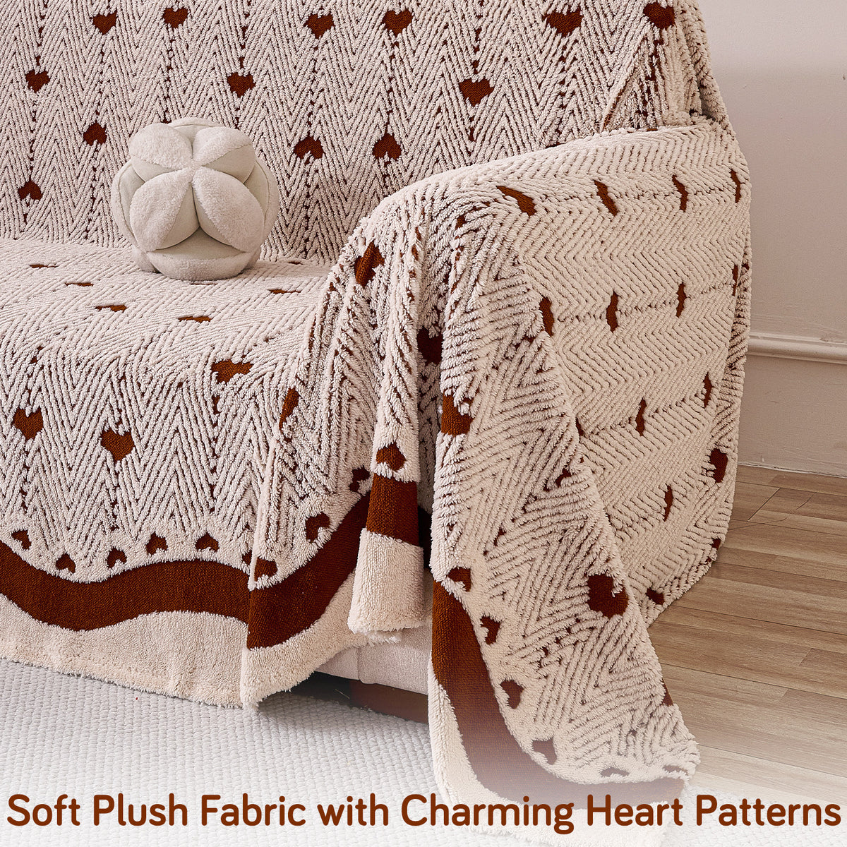 'Cozy Heart Series' Luxury Plush Sofa Cover Throw, Mocha Cream