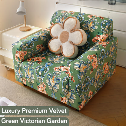Premium Printed Velvet Sofa Cover 1/2/3 Seaters Fully Covered, Green Victorian Garden