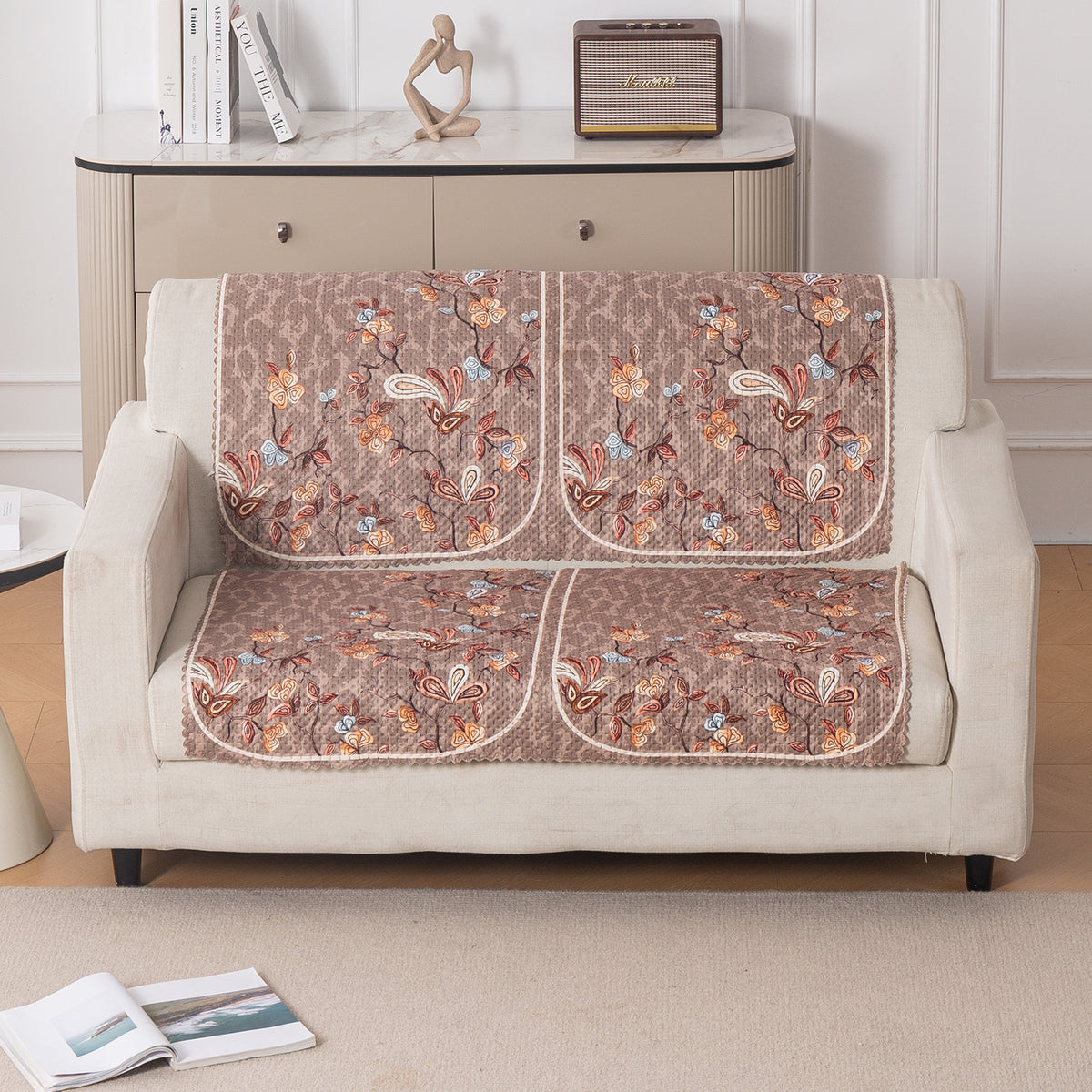 HeavenHue Fleece Soft Touch Quilted Sofa Cover Set Washable Sofa Panel for Seat & Bk - Vintage Bloom