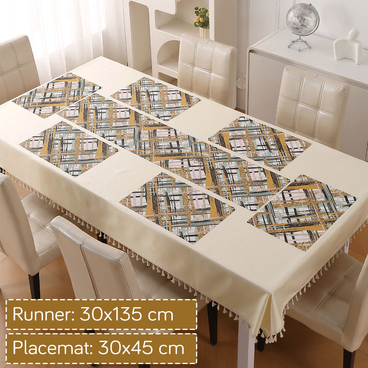 Marble Fusion PVC Mats for Dining Table, Crosshatch - Mustard Gold