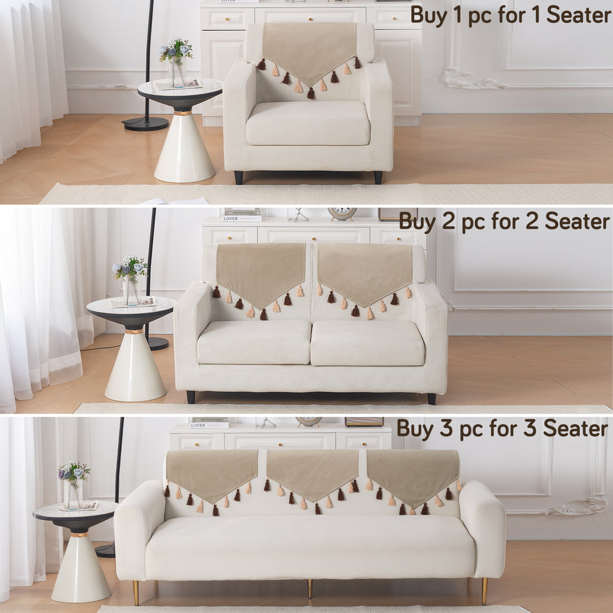 Tassel Tone Holland Velvet Sofa Cover Mat, Sand Beige