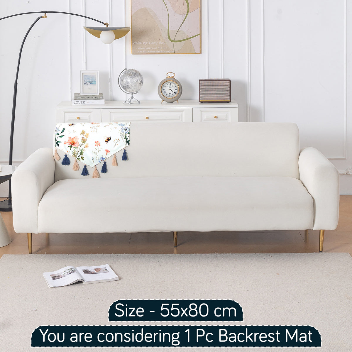 'Whispers of Nature' Series Holland Velvet Sofa Mat with Tassel, Pastel Butterfly Meadow