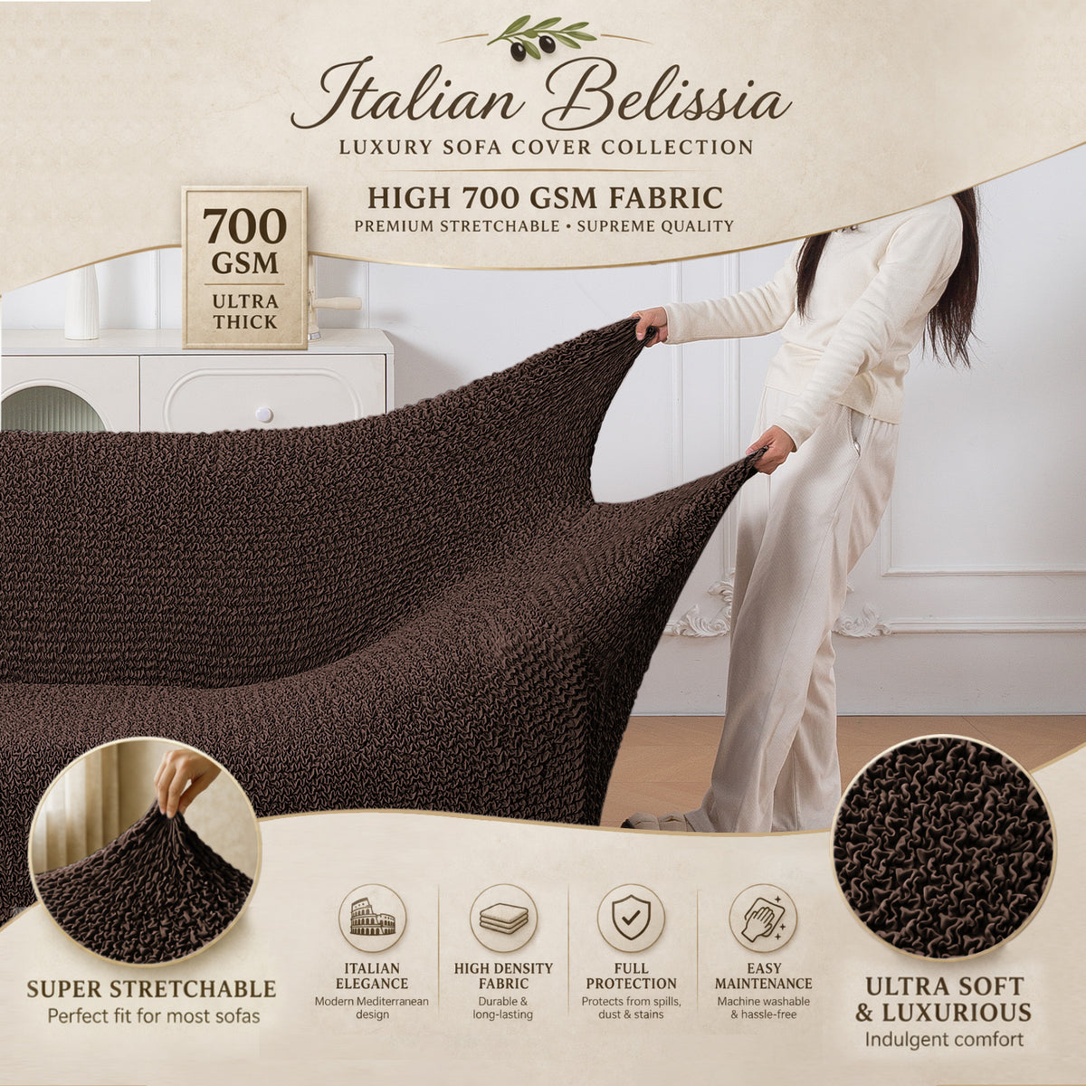Italian Belissia Luxe Series' Super Stretchable Microfiber 1/2/3 Seater Sofa Cover, Chocolate Brown