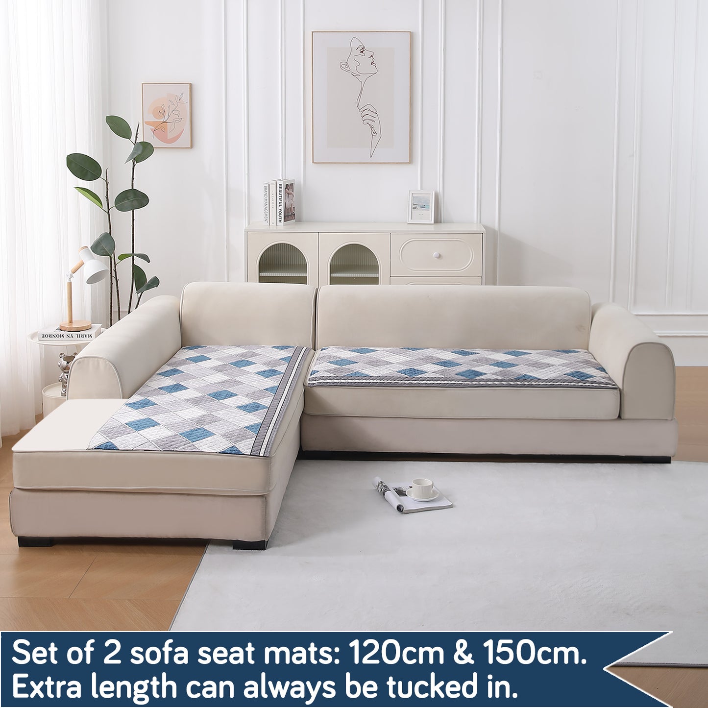 LiefNest Printed Holland Velvet L Shape Sofa Seat Mat with Foam Filling - Diamond Slate Grey Blue