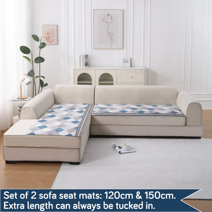 LiefNest Printed Holland Velvet L Shape Sofa Seat Mat with Foam Filling - Diamond Slate Grey Blue