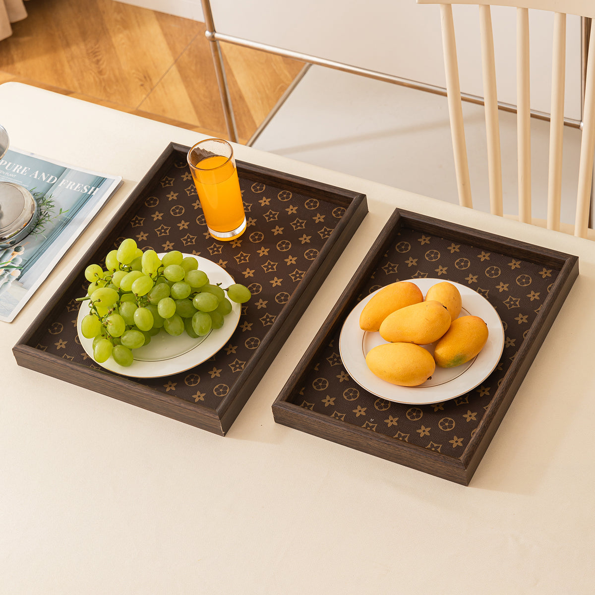 Elegant Brown Finish Rectangular MDF Serving Tray Set