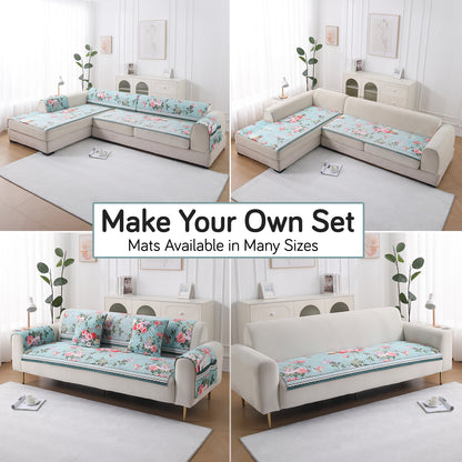 LiefNest Holland Velvet Sofa Cover Mat with Foam Filling -  Fresh Floral Pastel Blue