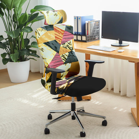 Printed Office Chair Cover with Headrest (High-Back) – 140 GSM Stretch Fabric – Washable, Anti-Slip Fit for Ergonomic Mesh Office Chairs, Wine Abstract Geometry