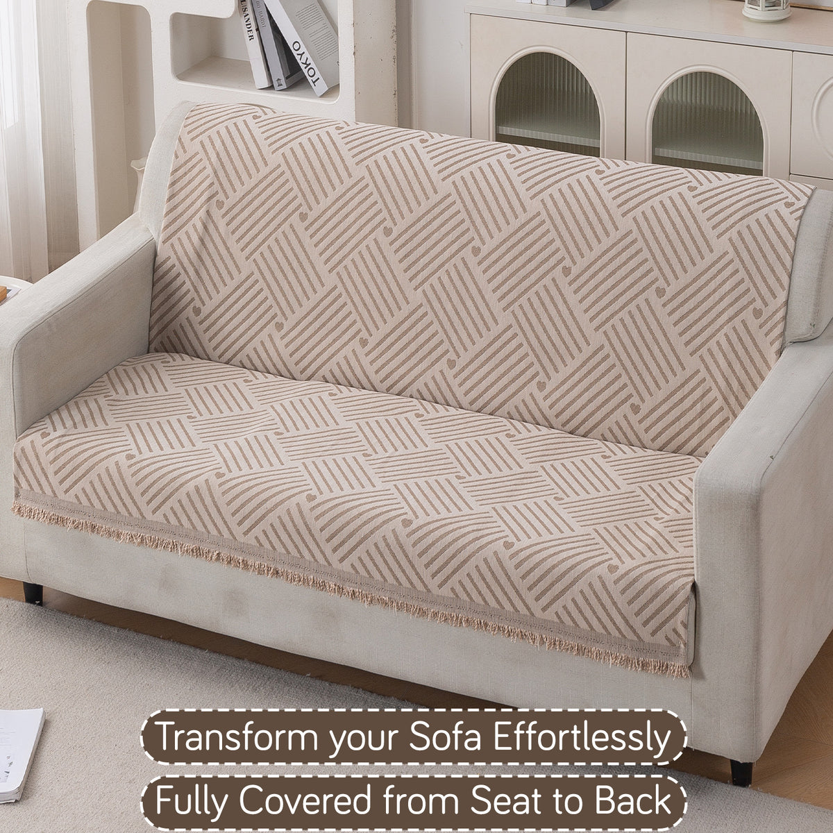 Premium 320 GSM Chenille Sofa Cover 'Serene Abode Series', Beige Geo Weave
