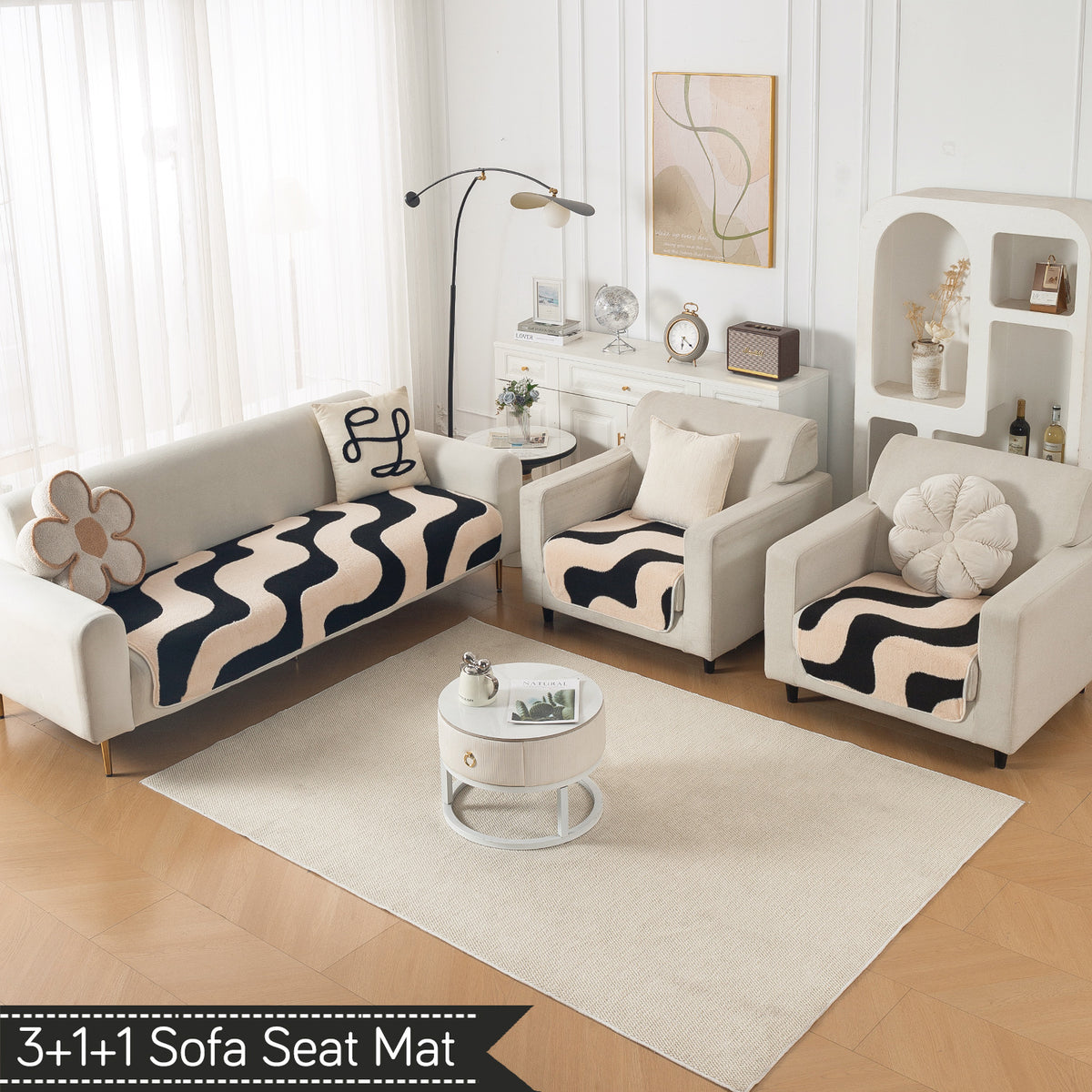 Luxury Plush Sherpa Anti Slip Combination Sofa Mat, 'Noirea Series'|Wavy Stripe