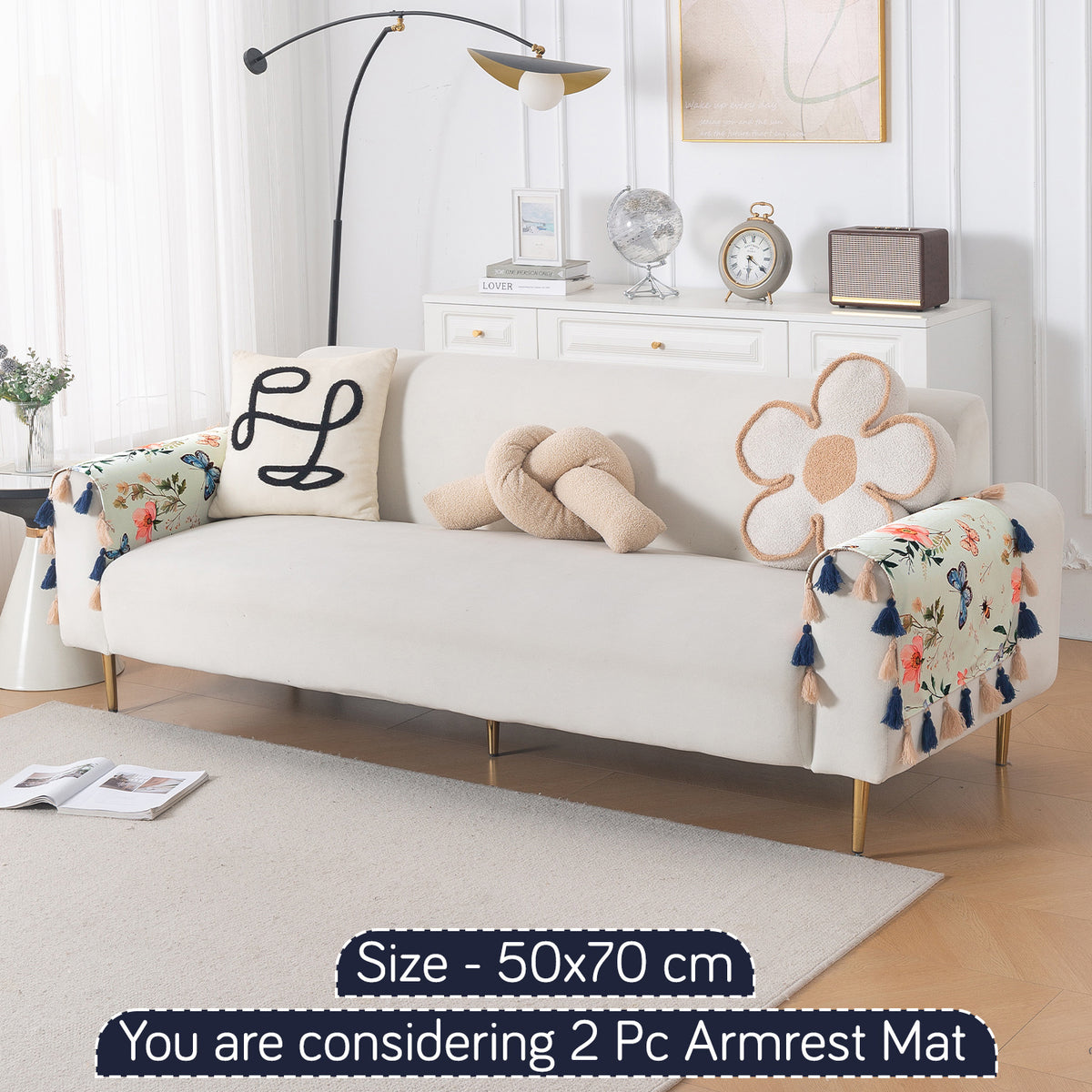 'Whispers of Nature' Series Holland Velvet Sofa Cover with Tassel, Pastel Butterfly Meadow