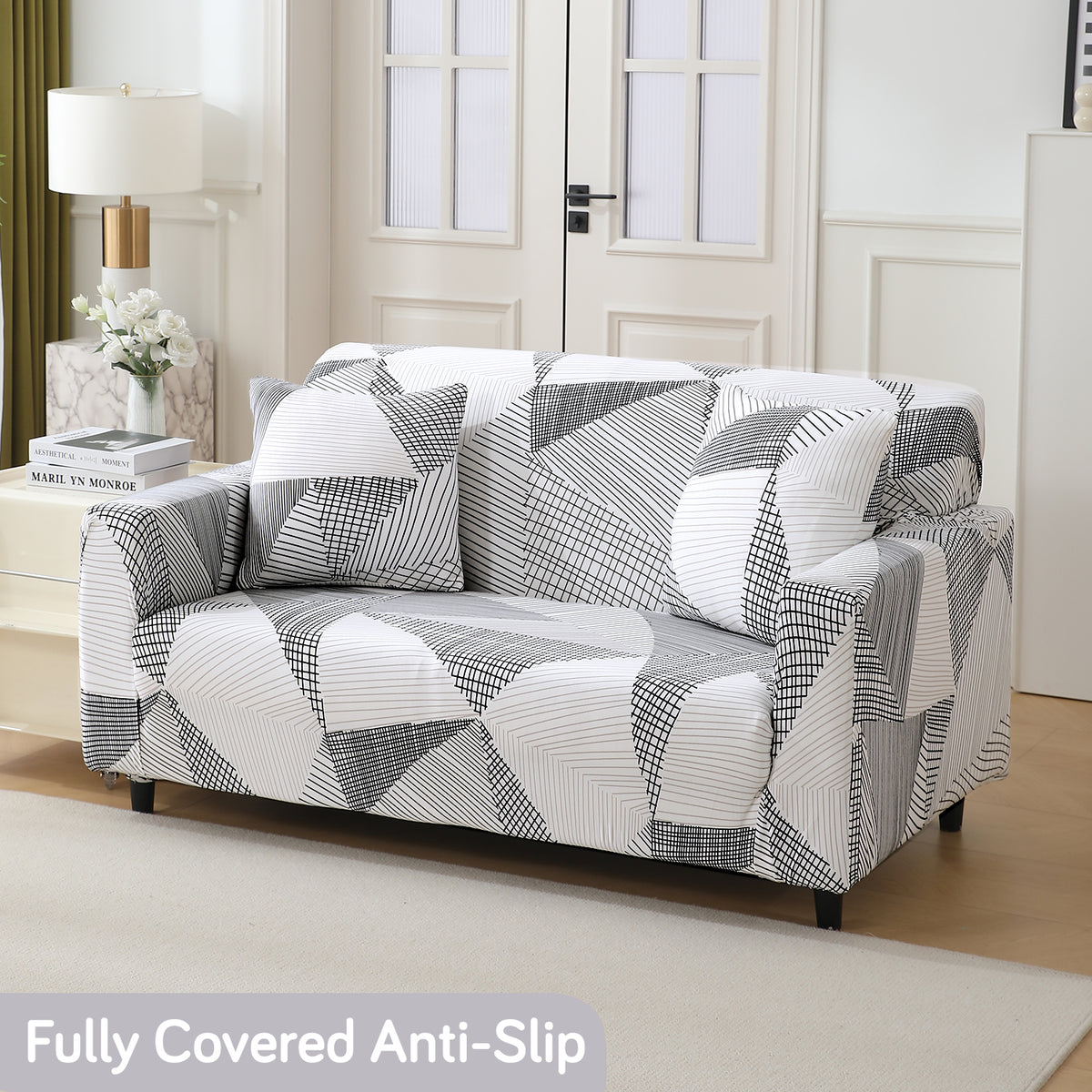 Snow White Black Geometry non slip elastic 2 seater sofa cover