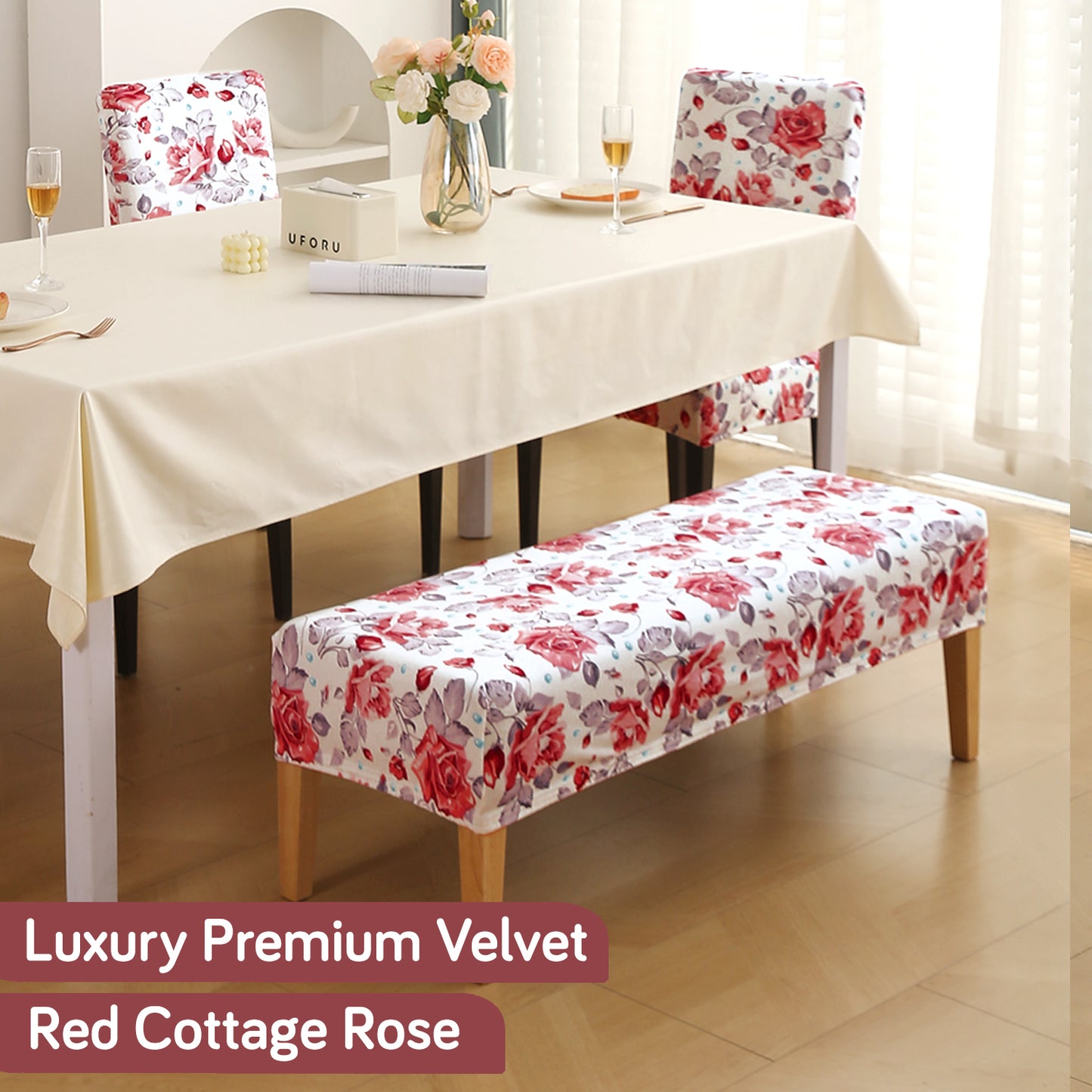 Premium Velvet Cover Set for 4 Dining Chairs + 1 Dining Bench, Red Cottage Rose