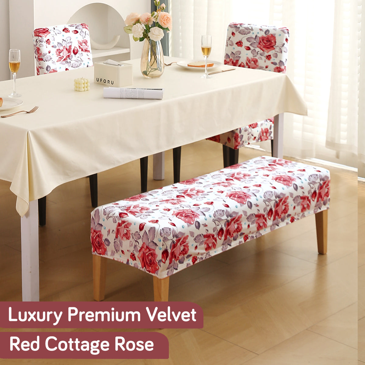 Premium Velvet Cover Set for 4 Dining Chairs + 1 Dining Bench, Red Cottage Rose