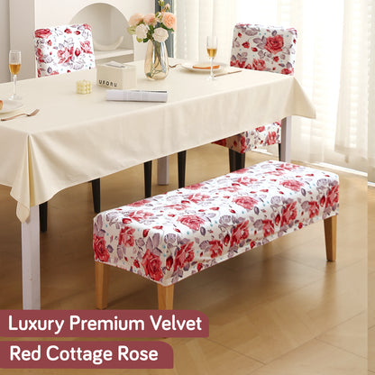 Premium Velvet Cover Set for 4 Dining Chairs + 1 Dining Bench, Red Cottage Rose