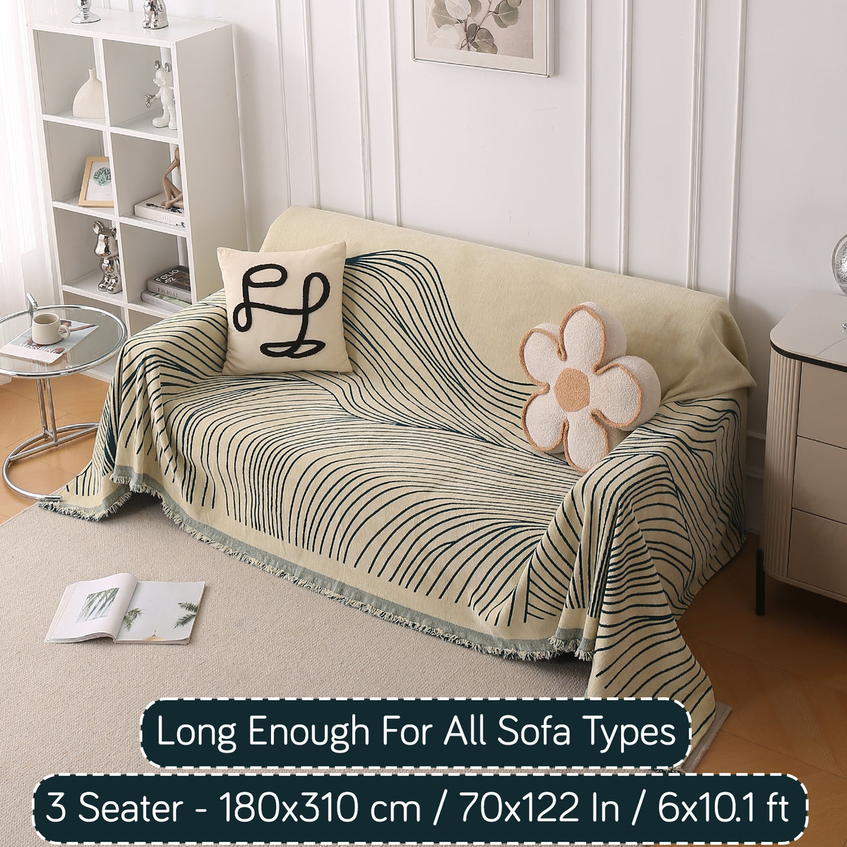 Buy Peacock Green Colour WaveLoom Chenille Three Seater Sofa Throw | HOKIPO