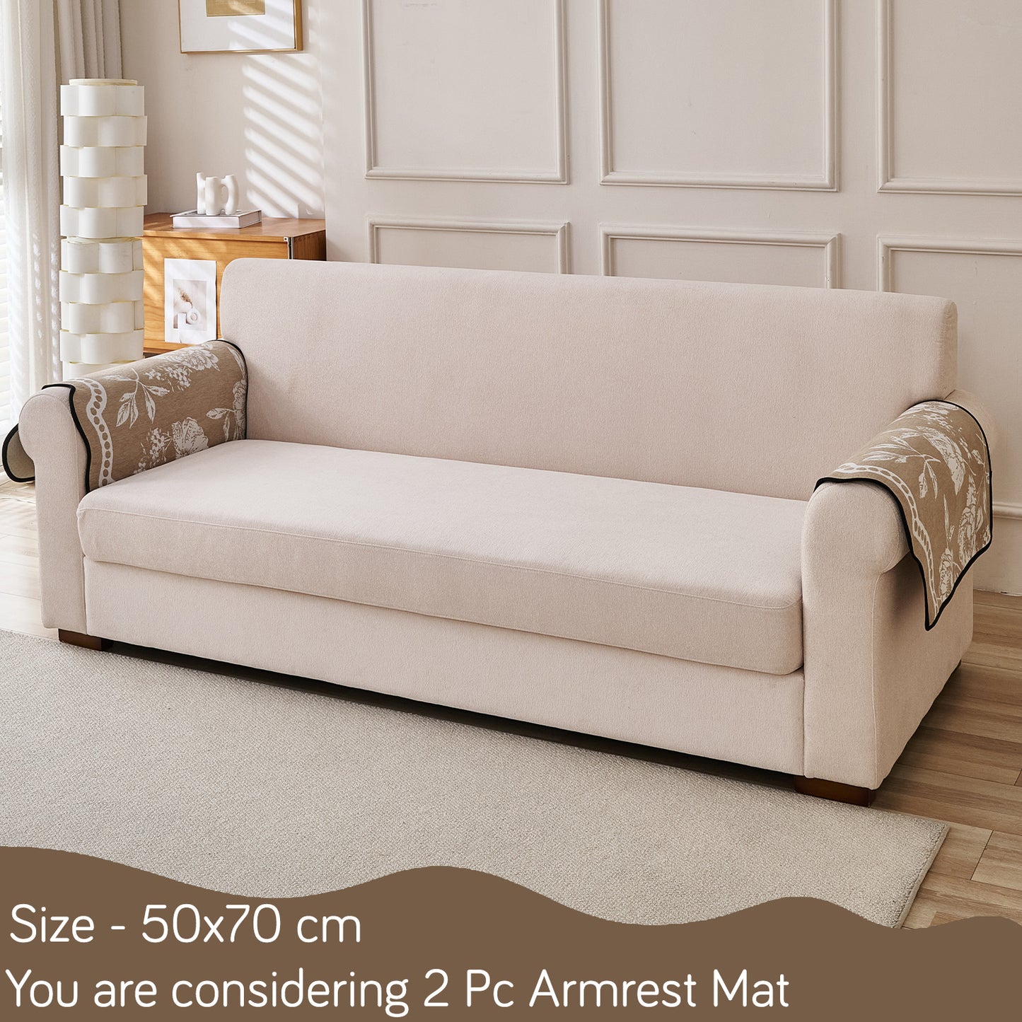 Chenille Sofa Cover Mat with Curvy Edges, 'Retro Curves Series' Sofa Mat, Sand Beige