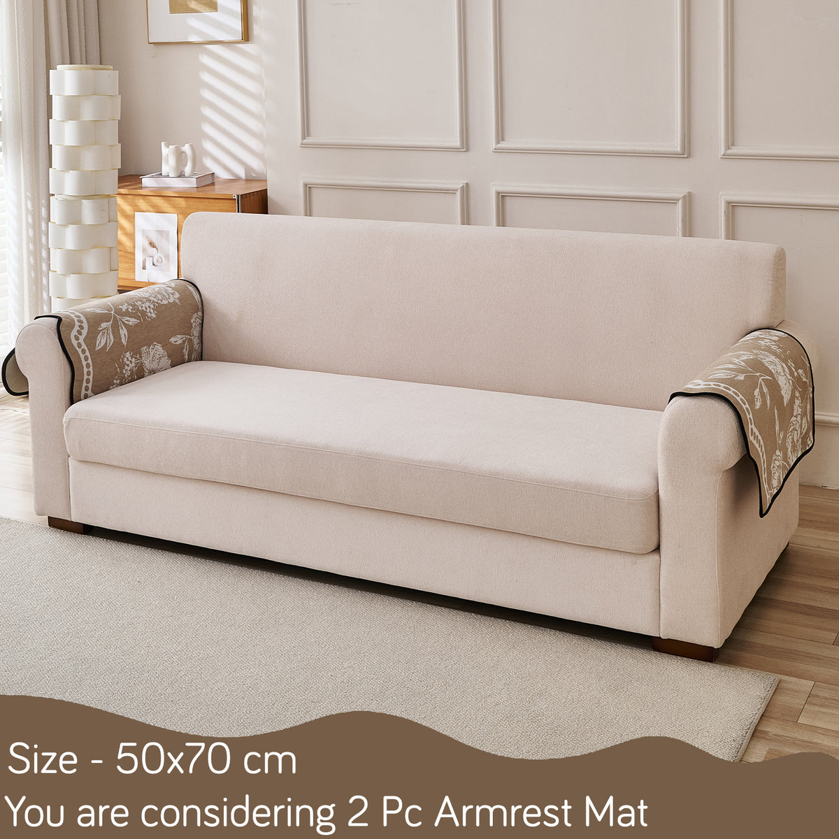 Chenille Sofa Cover Mat with Curvy Edges, 'Retro Curves Series' Sofa Mat, Sand Beige