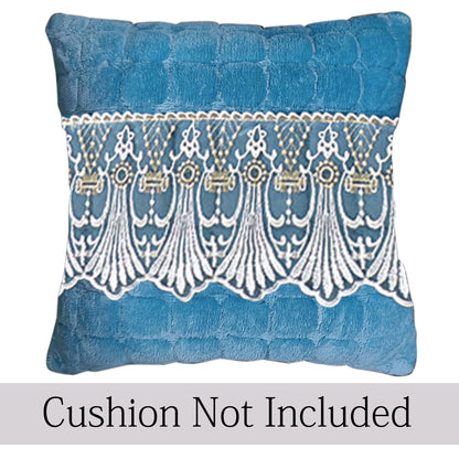 Premium Milk Velvet Sofa Cushion Cover with Lace Design, Celdaon Blue