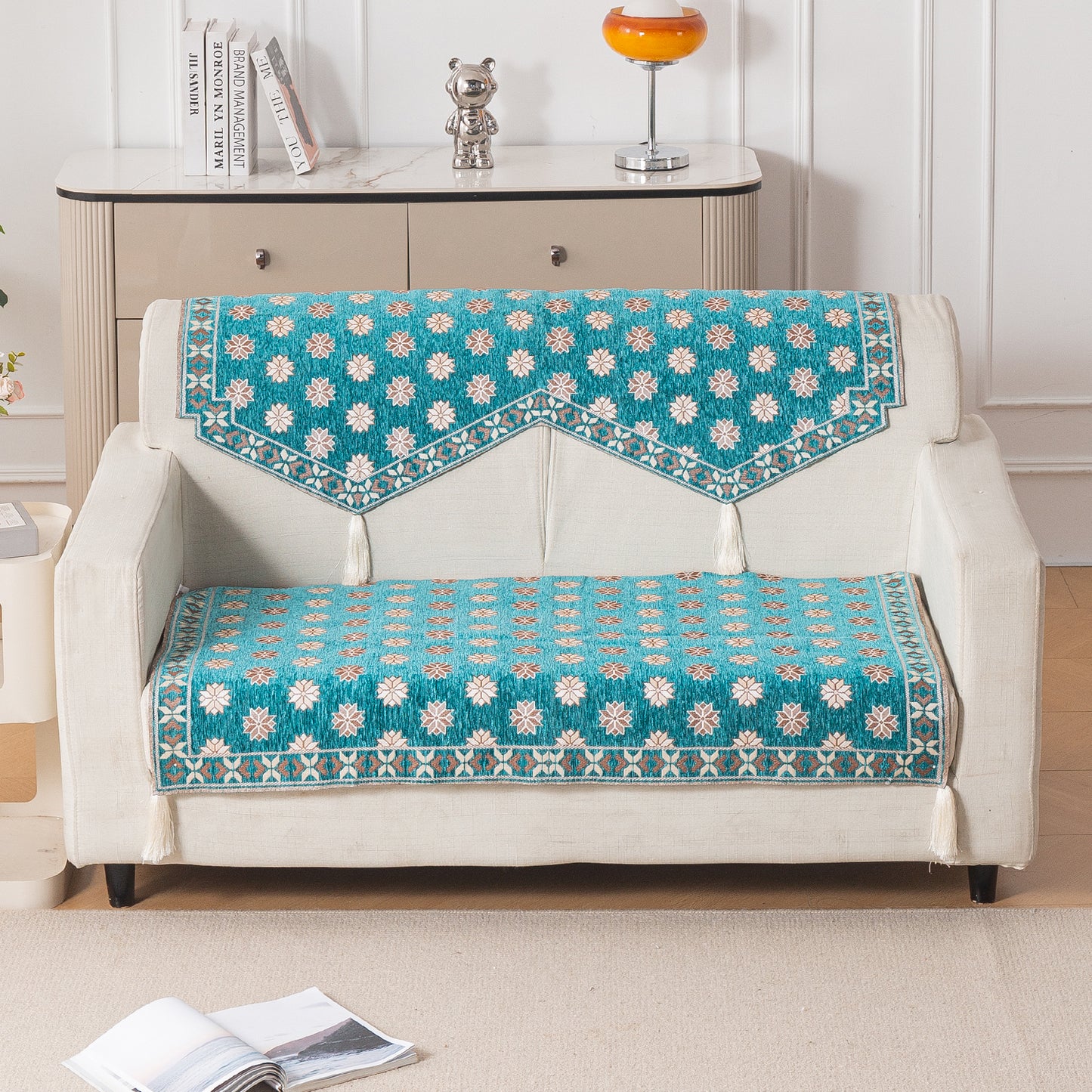 Heritage Weave Premium Jacquard Sofa Cover Set with Tassels - Emerald Teal