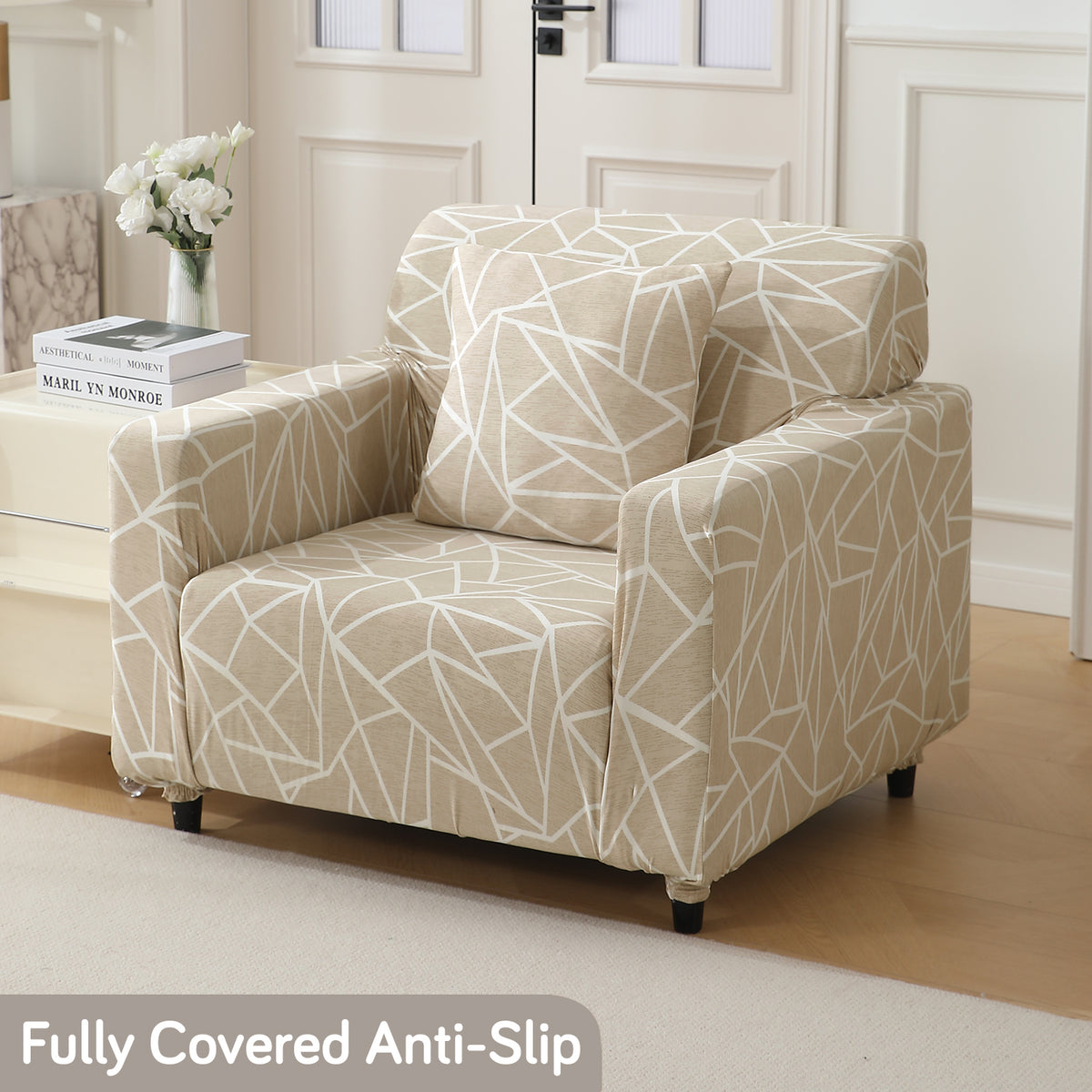 Beige Abstract Geometry Print modern Elastic 1 seater sofa cover​s  

