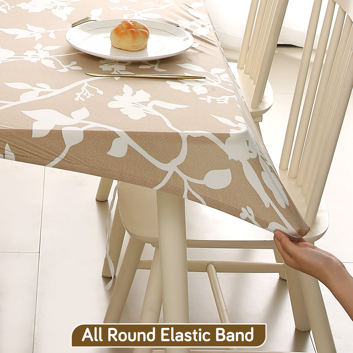 Buy Buff Brown Sillehoute Floral Printed Water-Repellent Elastic Tablecloth - HOKIPO | Har Ghar Ka Humsafar