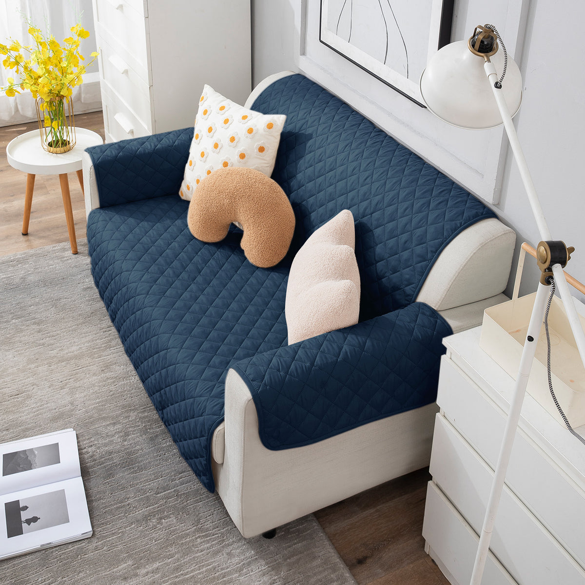 2 Seater Navy Blue quilted sofa cover set