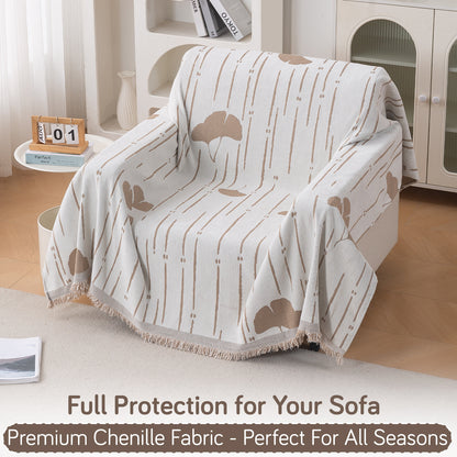 Premium 320 GSM Chenille Sofa Cover Throw All Season 'Serene Abode Series', Beige Ginkgo Lines