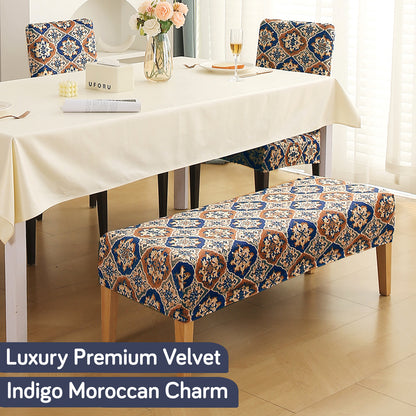 Premium Velvet Cover Set for 4 Dining Chairs + 1 Dining Bench, Indigo Moroccan Charm