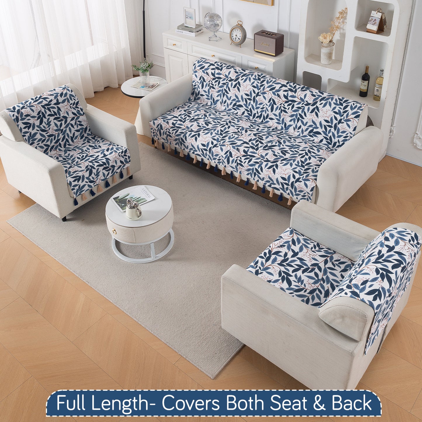 'Whispers of Nature Series' Holland Velvet 5-Seater Sofa Cover with Tassel (3+1+1), Indigo Foliage