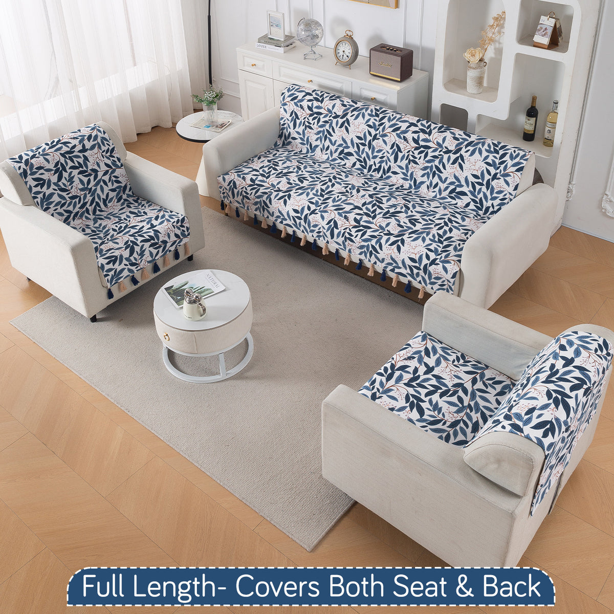 'Whispers of Nature' Series Holland Velvet Sofa Cover with Tassel, Indigo Foliage