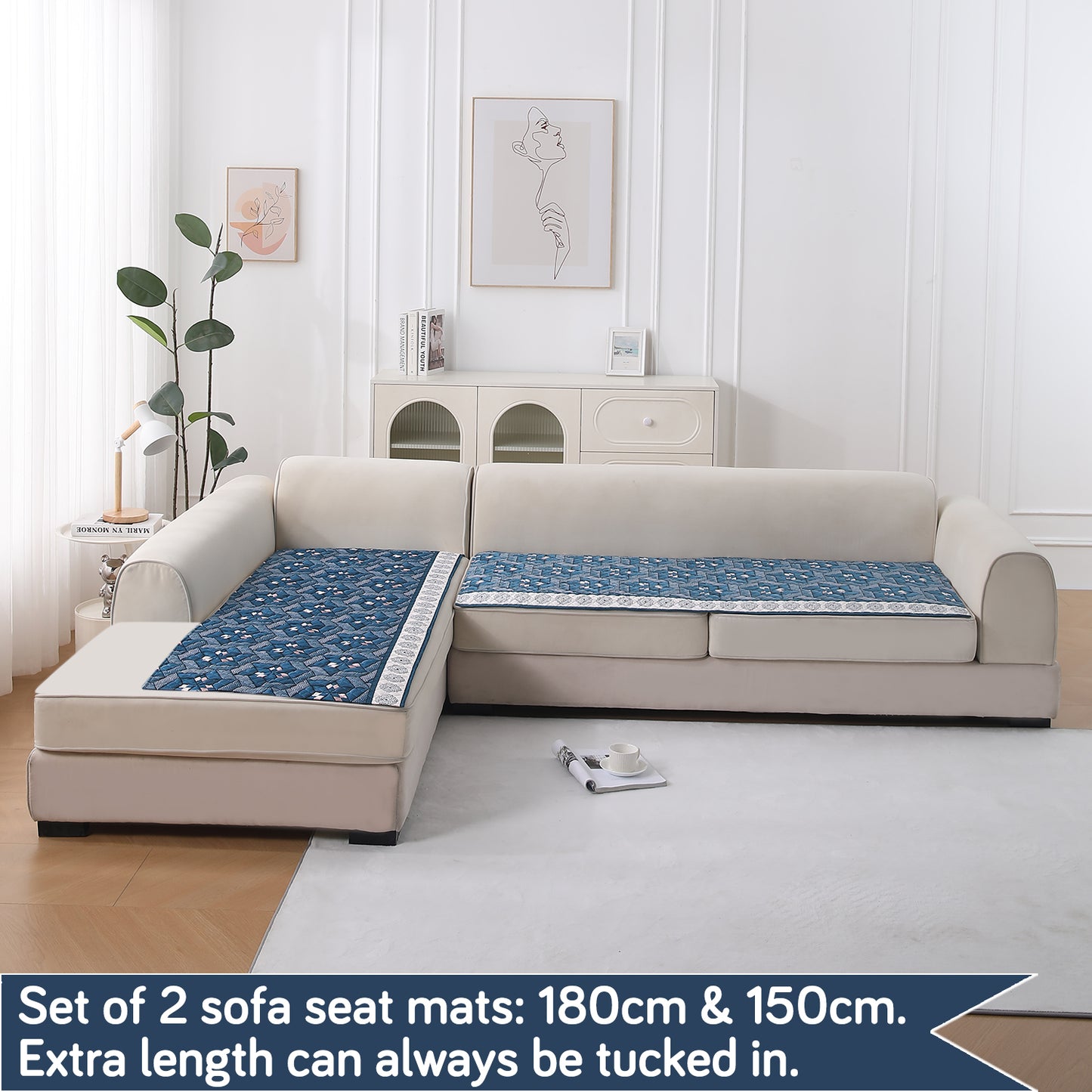 LiefNest Printed Holland Velvet L Shape Sofa Seat Mat with Foam Filling - Geometric Floral Oriental Blue