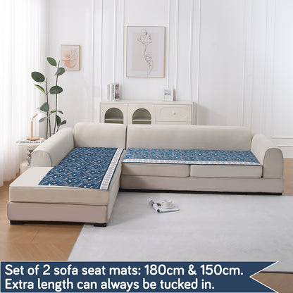 LiefNest Printed Holland Velvet L Shape Sofa Seat Mat with Foam Filling - Geometric Floral Oriental Blue
