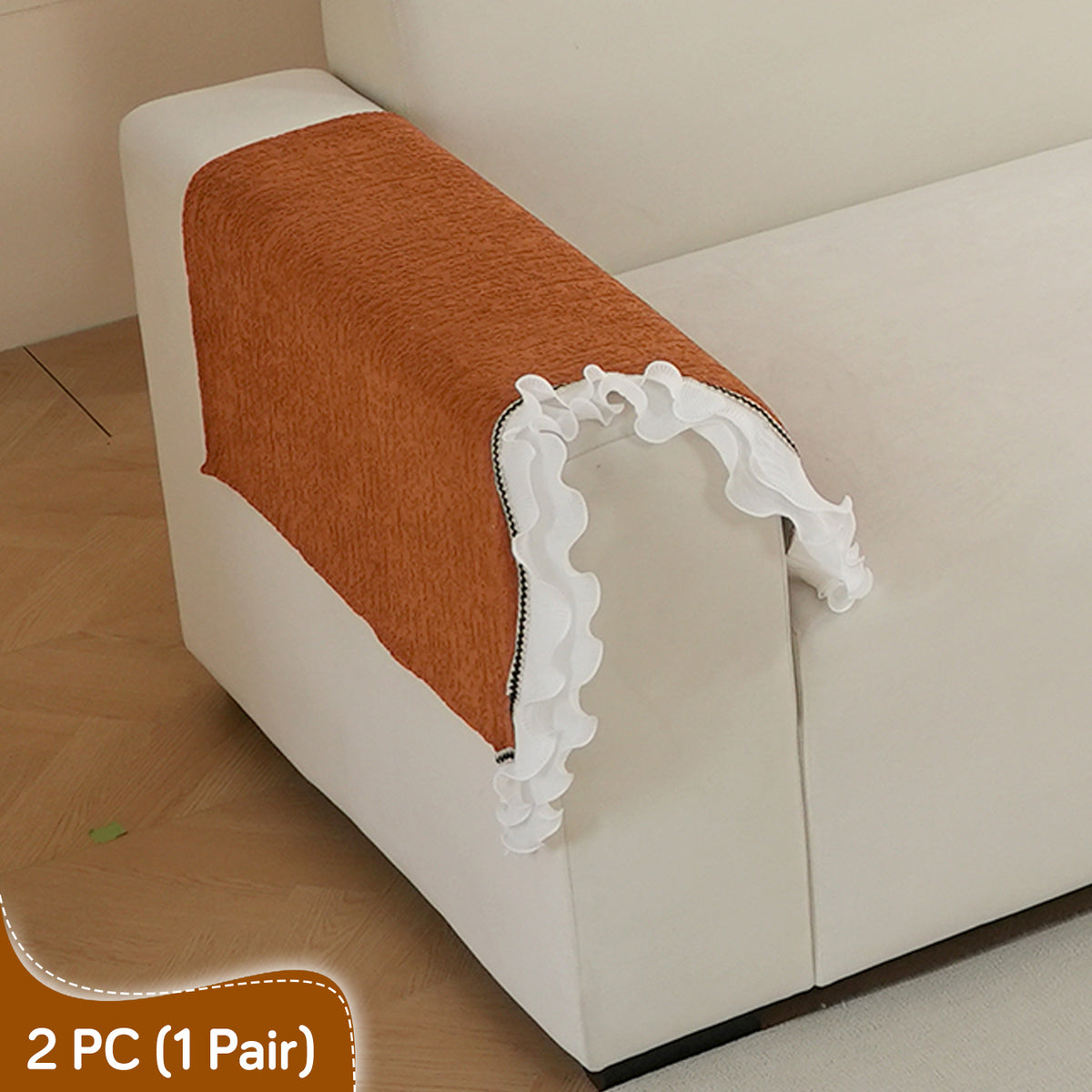 French Classic Frill Wavy Sofa Cover Mat with Curve & Lace - Copper Orange