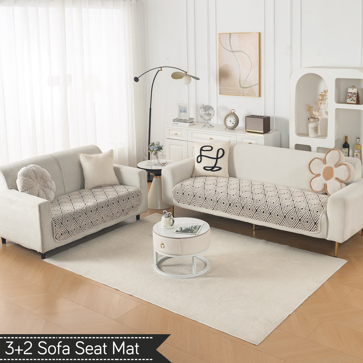 Luxury Plush Sherpa Anti Slip Combination Sofa Mat, 'Noirea Series'|Geometric Diamond