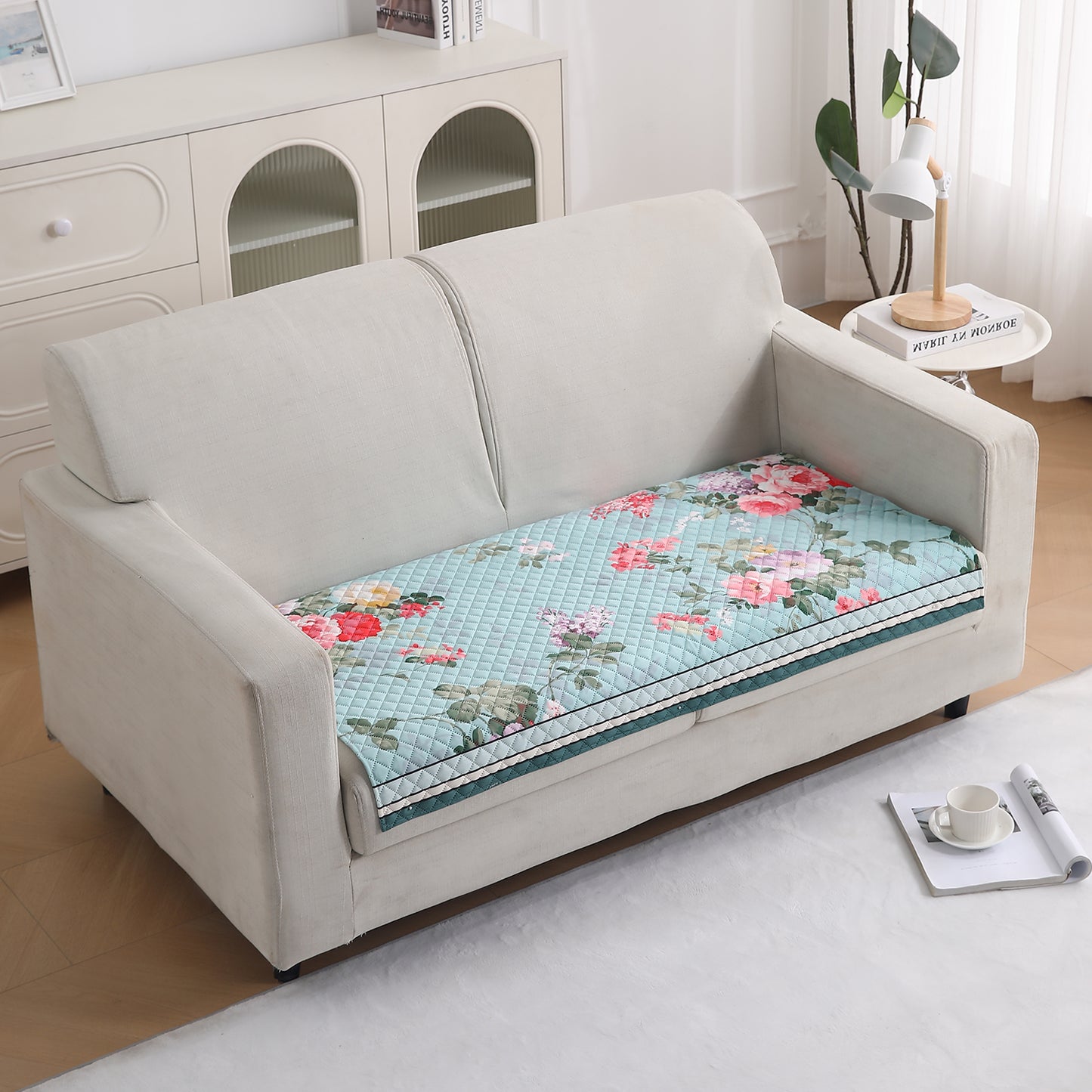 LiefNest Printed Holland Velvet Sofa Mat with Foam Filling - Fresh Floral Pastel Blue for 1/2/3 Seater & Armrest