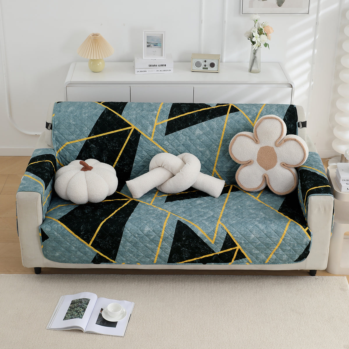 Waterproof & Quick-Dry Quilted Sofa Cover with Pockets on Armrest, Multicolor Abstract Geometry