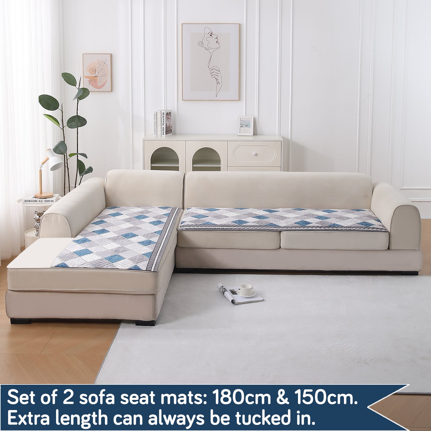 LiefNest Printed Holland Velvet L Shape Sofa Seat Mat with Foam Filling - Diamond Slate Grey Blue