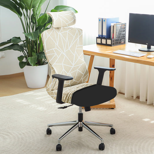 Printed Office Chair Cover with Headrest (High-Back) – 140 GSM Stretch Fabric – Washable, Anti-Slip Fit for Ergonomic Mesh Office Chairs, Beige Abstract Geometry