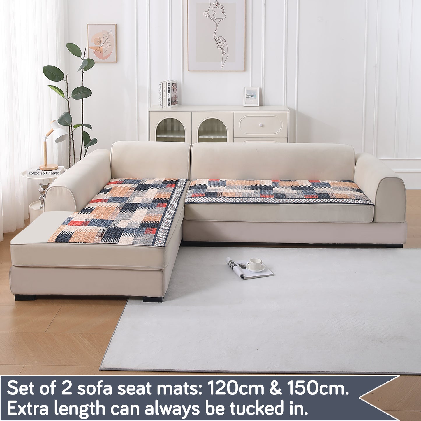 LiefNest Printed Holland Velvet L Shape Sofa Seat Mat with Foam Filling - Urban Grid Multicolor