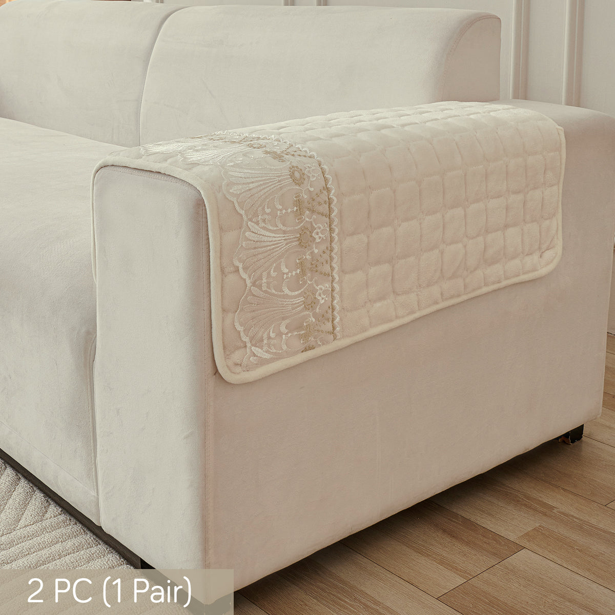 BelleLace Series Premium Imperial Milk Velvet Sofa Cover Mat with Lace Design -  Pearl White