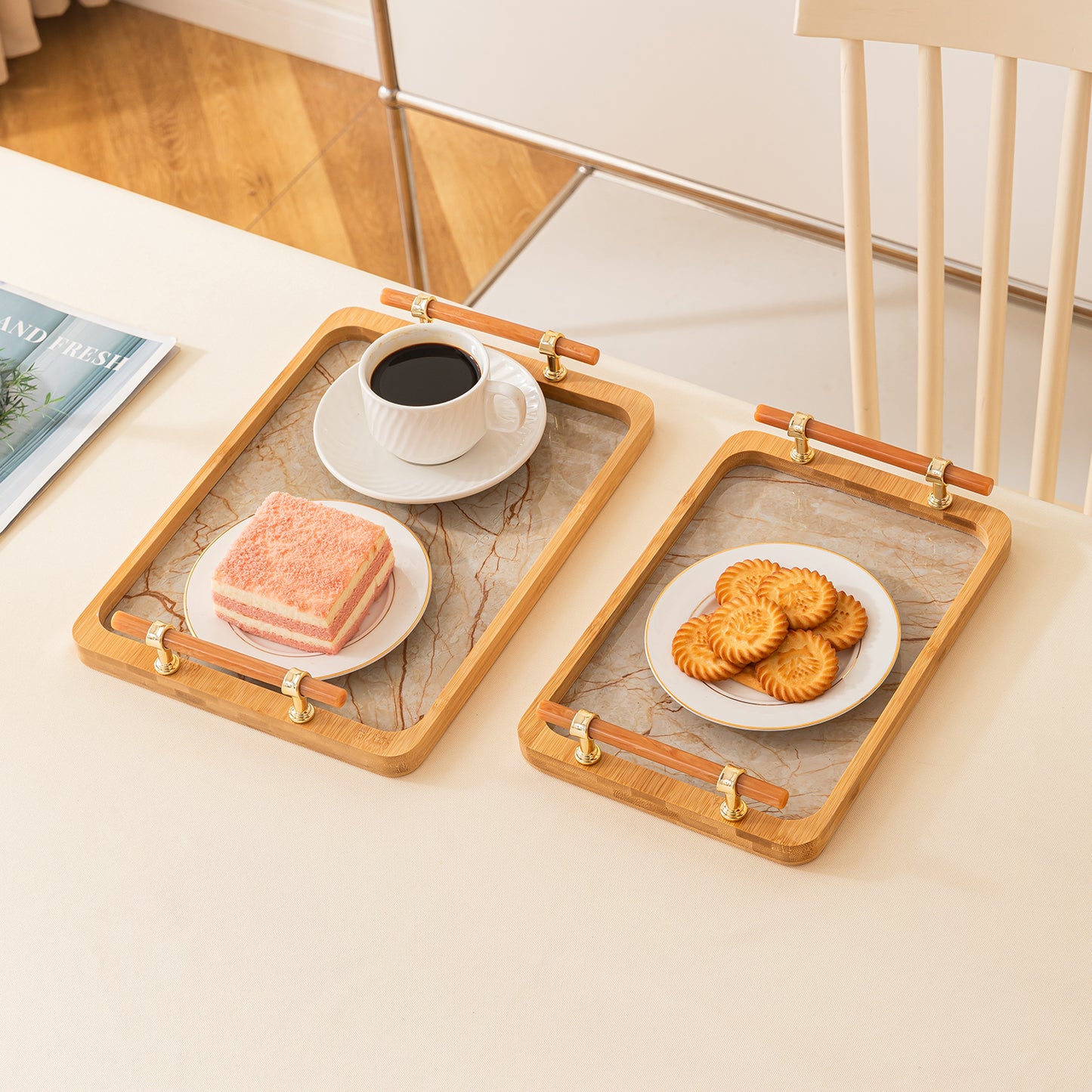 Luxury Bamboo Serving Tray Set with Faux Marble Base with Golden Handles