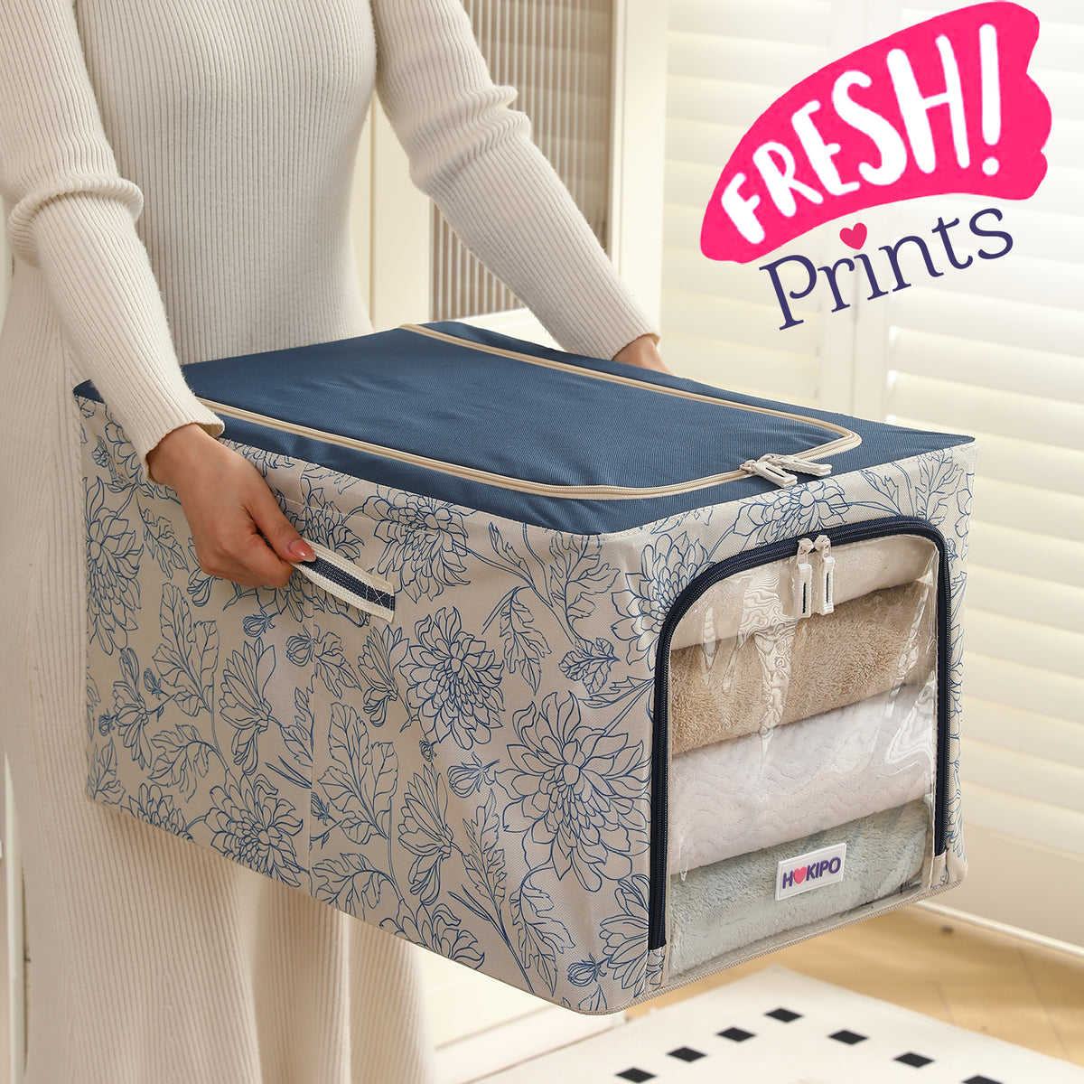 Foldable Cloth Storage Organizer for Wardrobe, Blue Blossom