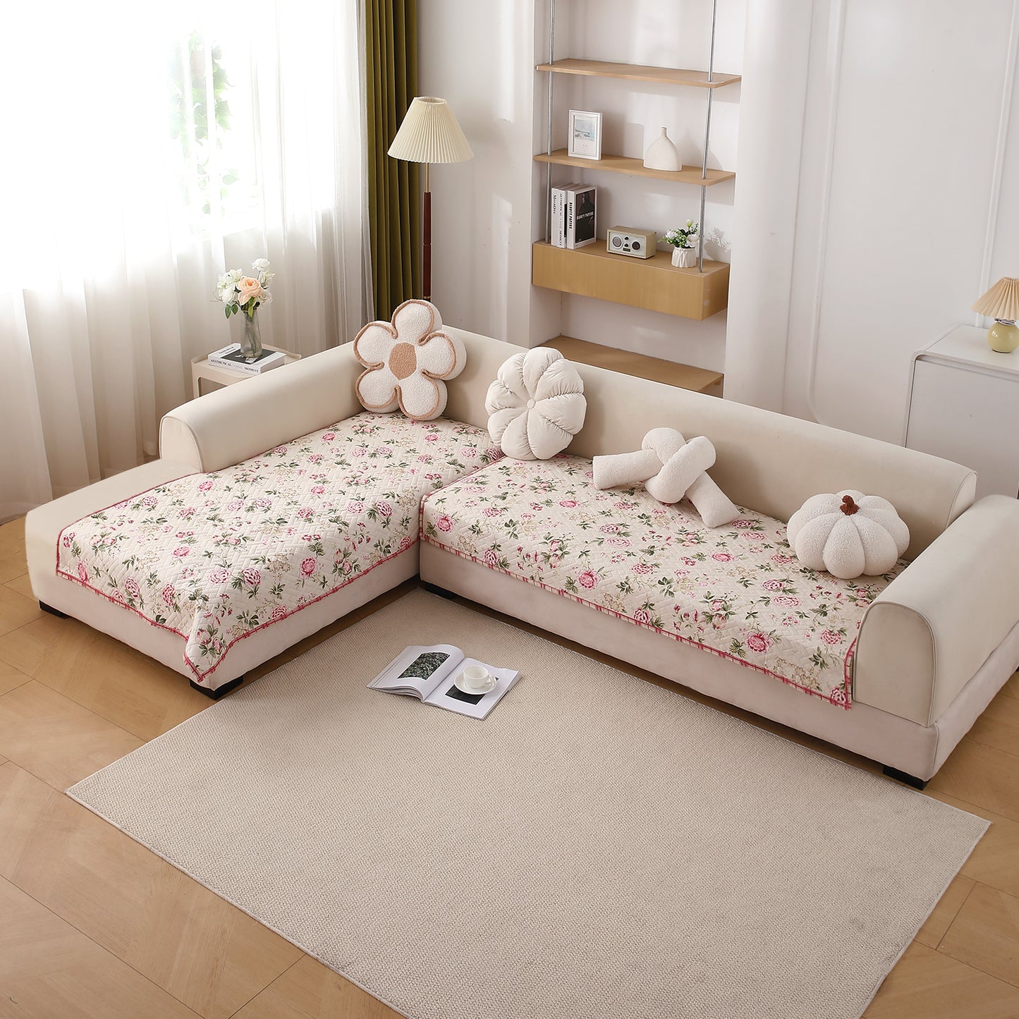 Printed Quilted L Shape Sofa Seat Mat, Beige Peonies