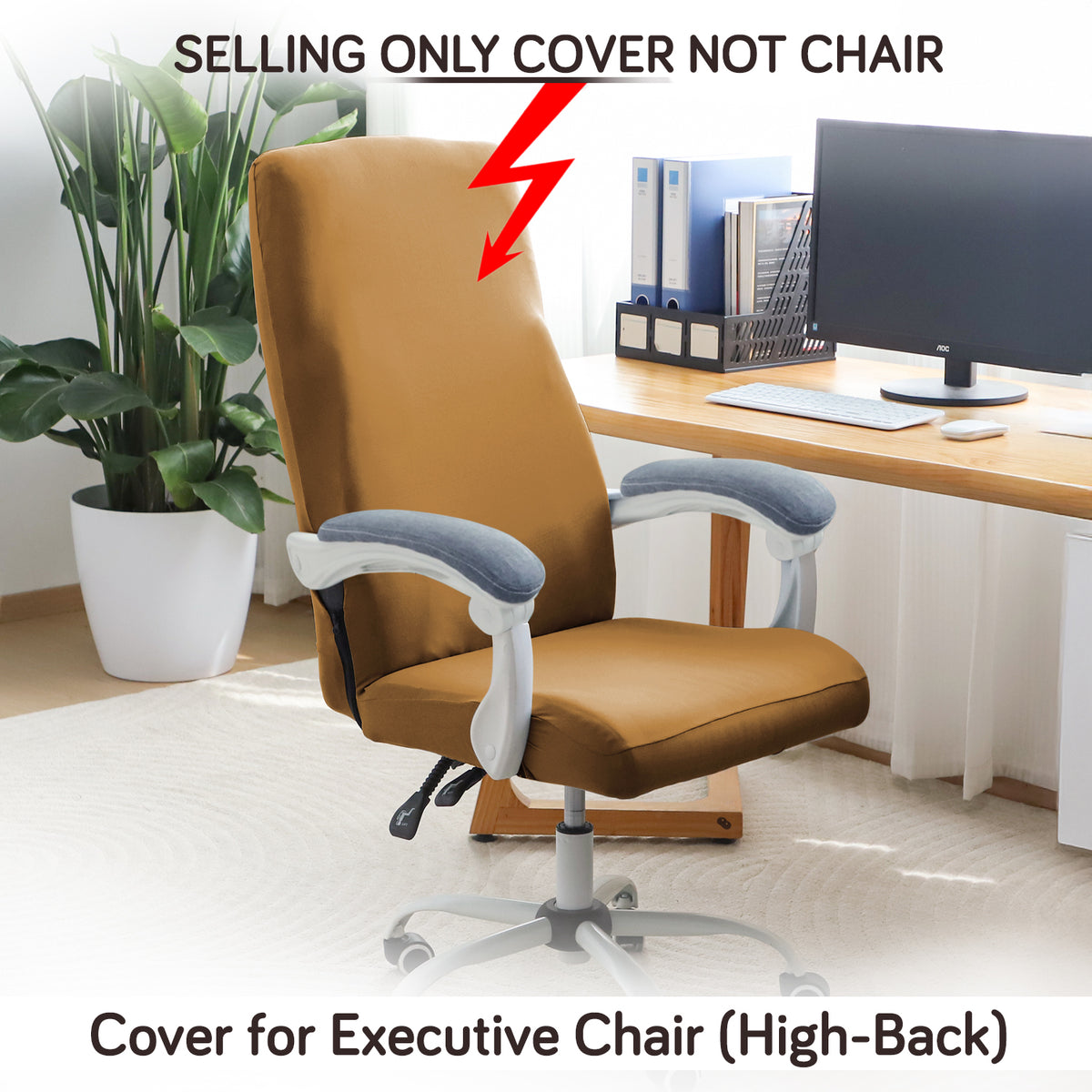 Office Chair Cover for Executive Chair (High-Back) – 140 GSM Stretchable Fabric – Washable & Anti-Slip – Fits Big & Tall Office Chairs, Camel